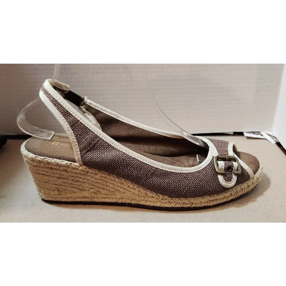 Womens NATURALIZER Sherene Espadrille Canvas Rope Wedge Heels Sandals Brown 9.5M